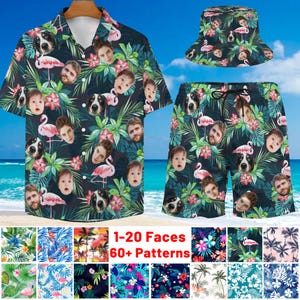 May include: A tropical print shirt and matching swimming trunks with a variety of faces printed on them. The text "1-20 Faces 60+ Patterns" is printed on the bottom of the image.