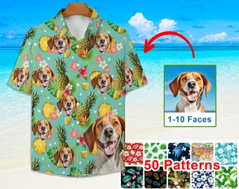 Custom dog hawaiian shirt, Hawaiian Flower Shirts, Hawaiian button down Shirt, vocation outfits for men women, Funky Casual Shirt with faces