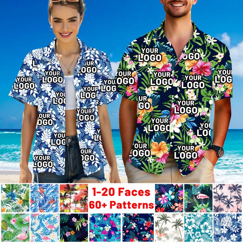 May include: Two people wearing blue and white tropical print short-sleeved shirts with the text "Your Logo" repeated throughout the design. The shirts are shown against a beach background. The text "1-20 Faces 60+ Patterns" is displayed below the image.