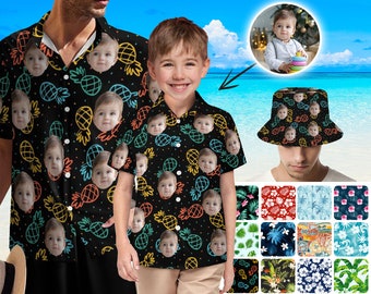 Custom Hawaiian Shirt Adult Kid, Personalized Hawaiian Shirt for Bachelor Birthday Party, Custom Group Shirt, Face Hawaiian Shirt Bucket Hat