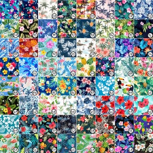 May include: A digital collage of 64 different tropical print designs. The prints feature various tropical elements such as palm trees, pineapples, flamingos, toucans, and hibiscus flowers. The prints are arranged in a grid pattern and are all in vibrant colors.