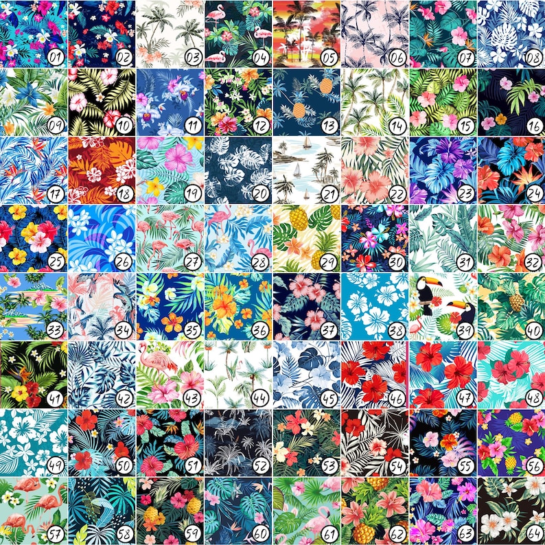 May include: A digital collage of 64 different tropical print designs. The prints feature various tropical elements such as palm trees, pineapples, flamingos, toucans, and hibiscus flowers. The prints are arranged in a grid pattern and are all in vibrant colors.