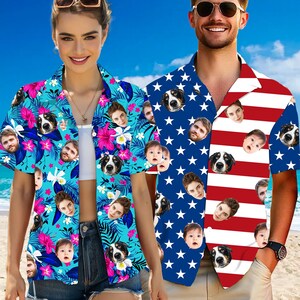 May include: Two short-sleeved button-down shirts. One is turquoise with a floral and leaf pattern, featuring faces of a dog, a baby, and adults. The other shirt has a blue star pattern on one side and red and white stripes on the other, also with faces.