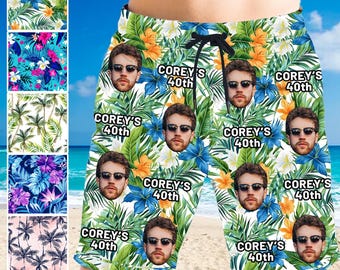 Custom Face Hawaiian Beach Shorts: 40th Birthday Swim Trunks