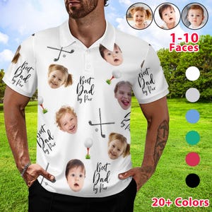 May include: White polo shirt with a golf theme, featuring the text "Best Dad by Par" and multiple faces. Golf clubs and golf balls are also printed on the shirt. The shirt offers over 20 colour options and can accommodate 1-10 faces.