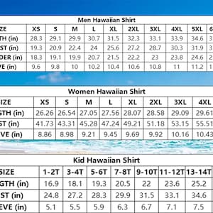 May include: A size chart for Hawaiian shirts, showing measurements in inches for length, bust, and sleeve. The chart includes sizes for men, women, and children.