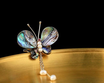 Freshwater Pearls Colorful Shell Butterfly Tassel Brooch