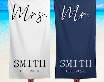 Custom Couple Towel with Storage Bag, Personalized Mr. and Mrs. Beach Towel, His and Hers Newlywed Gift, Wedding Bride Gift, Honeymoon Gift