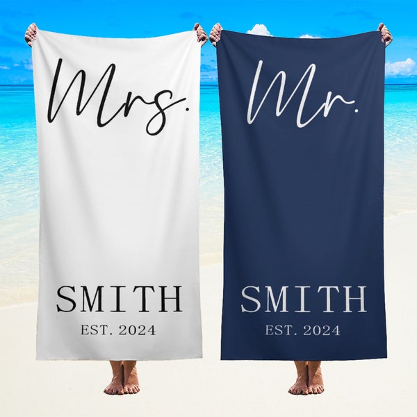 Custom Couple Towel with Storage Bag, Personalized Mr. and Mrs. Beach Towel, His and Hers Newlywed Gift, Wedding Bride Gift, Honeymoon Gift