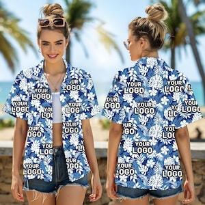 May include: A blue and white patterned short-sleeved shirt with the text "YOUR LOGO" repeated throughout the design.