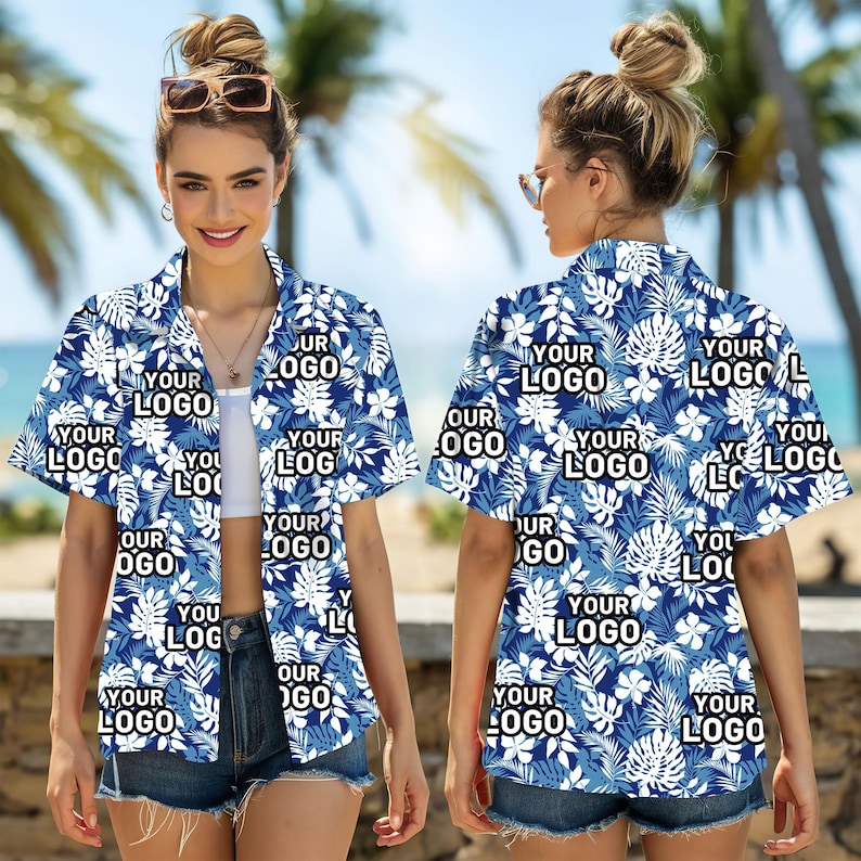 May include: A blue and white patterned short-sleeved shirt with the text "YOUR LOGO" repeated throughout the design.