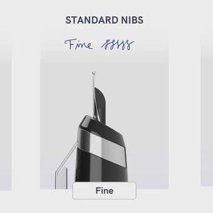 May include: Three close-up images of fountain pen nibs labeled "Extra Fine", "Fine", and "Medium". Each nib is black with a silver band and a silver writing tip. The text "STANDARD NIBS" is at the top.