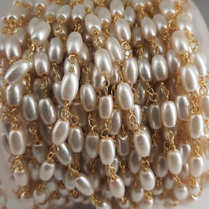 Freshwater Rice Pearl Rosary Chain: Gold Plated Wire Beads (50 CM)