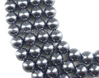 Grey Shell Pearl Beads: 12 mm Smooth Round Gemstone, 8 Inch Strand Jewelry Making Crafts
