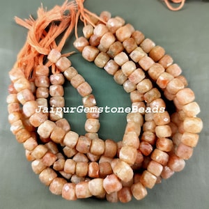 8&quot; Natural Peach Moonstone Beads Moonstone 3D Cube Beads Moonstone Faceted Gemstone Moonstone Box Shape Beads Moonstone Jewelry Briolette