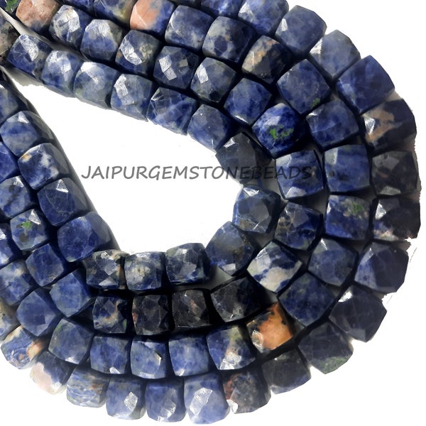 8" Strand \\ Natural Blue Sodalite \\ 3D Cube Box Shape \\ Faceted Box \\ Gemstone Beads \\ 7-8 mm \\ Sodalite Box \\ Jewelry Making Crafts