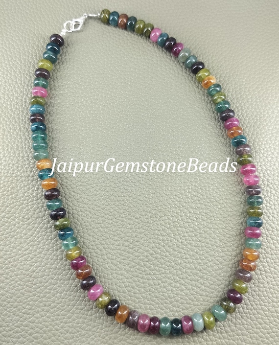 Bohemian Multi Tourmaline Beaded Necklace: AAA Gemstone Strand, 16