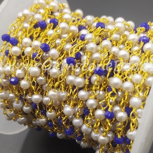 Pearl Blue Hydro Rosary Chain: Gold & Silver Plated Beaded Necklace Supplies