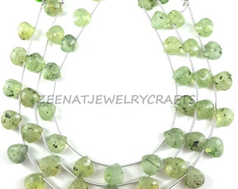Moss Prehnite Heart Briolette Strand: Faceted Gemstone Beads 8-9mm