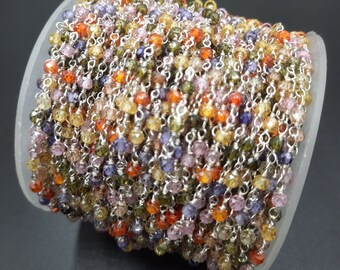 Multi Zircon Faceted Rondelle Rosary Chain: Gold Silver Plated Wire Beads