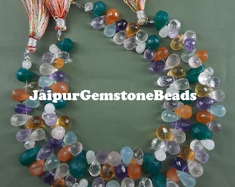 Multi Gemstone Briolette Beads: 8 Inch Strand, Faceted Disco Drop Shape