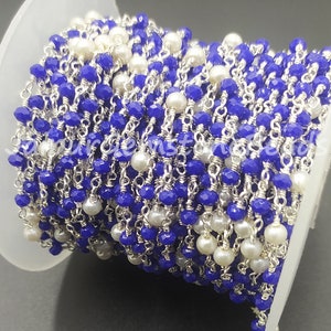 Blue Pearl Rosary Chain: Gold & Silver Plated, Rondelle Beads (3-3.5mm)