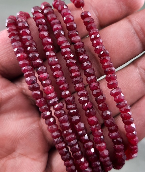 Natural Ruby Corundum Faceted Rondelle Beads: 8" Strand, 4-5mm Gemstone