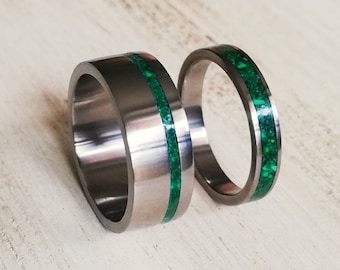 Titanium Rings with Malachite Inlays, His and Hers, Couples Ring Set, Men's Titan Band, Women's Promise Ring, Off-Center Green Stone Inlay