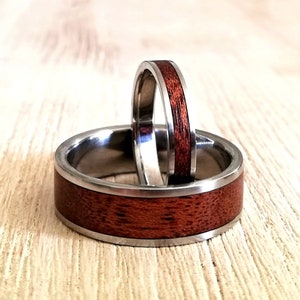 Mahogany Wooden Ring Set, Titanium Rings with Wood Inlay, His and Hers, Couples Matching Set, Men's Wood Band, Women's Engagement Ring