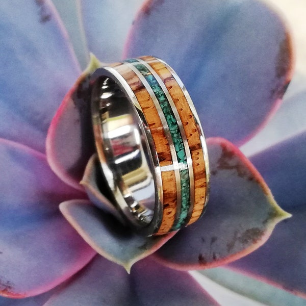 Zebrano Wood Ring, Titanium Ring with Wooden and Turquoise Inlays, Men's Wood Band, Women's Ring, Unisex Exotic Wooden Ring