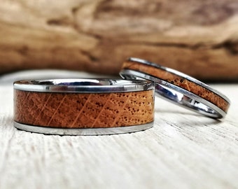 White Oak Wooden Ring Set, Titanium Rings with Whiskey Barrel Wood Inlay, His and Hers, Couples Matching Set, Men's Wood Band, Women's Ring