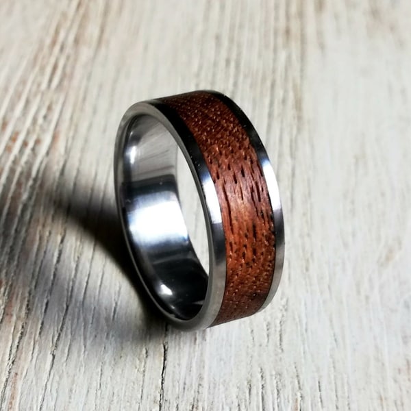 Mahogany Wood Ring, Stainless Steel Ring with Wooden Inlay, Men's Wood Band, Women's Ring, Unisex Wooden Ring