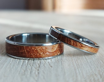 Whiskey Barrel Oak Wood Ring Set, Stainless Steel Rings with Wooden Inlays, His and Hers, Couples Set, Men's Wood Band, Women's Ring