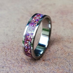 Amethyst Ring, Stainless Steel Ring with Crushed Amethyst Inlay, Purple Ring, Men&#39;s Band, Women&#39;s Ring