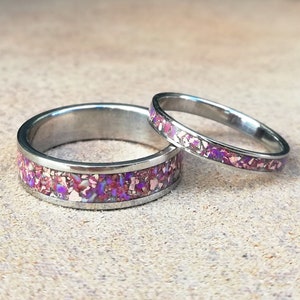 Amethyst Ring Set, Stainless Steel Rings with Crushed Amethyst Inlays, His and Hers, Couples Matching Set, Men&#39;s Band, Women&#39;s Ring