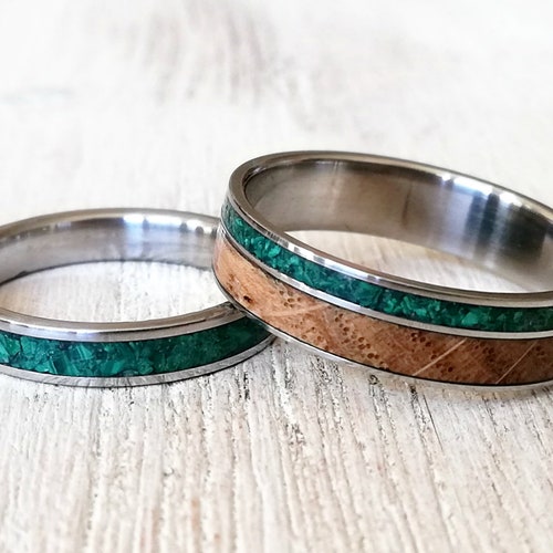 Wedding Rings Set His and Hers Titanium Rings With Whiskey - Etsy