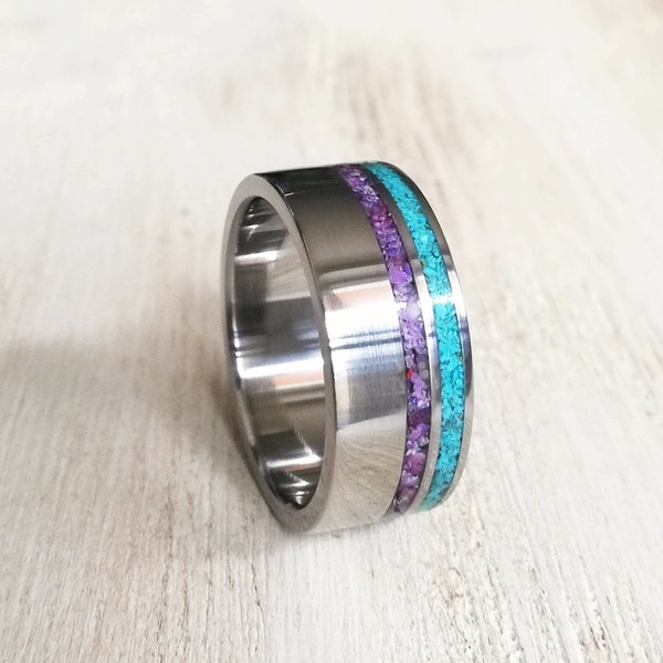 Stainless Steel Band Inlaid with Crushed Amethyst and Turquoise, Purple Ring, Men's Band, Engagement Ring for Him