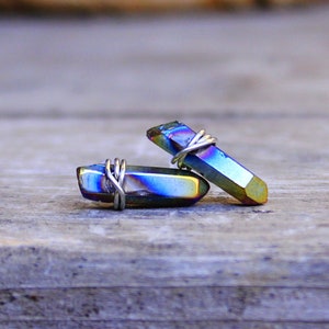 Tiny Small Titanium Rainbow Crystal Quartz Earstuds, Stud Raw Crystal Point Earrings, Antique Bronze/Silver/Gold Wire Wrapped Crystal Studs