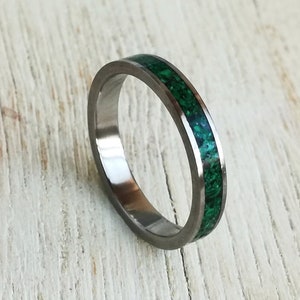 Malachite Ring, Stainless Steel Ring with Crushed Malachite Inlay, Green Ring, Men's Band, Women's Wedding Ring