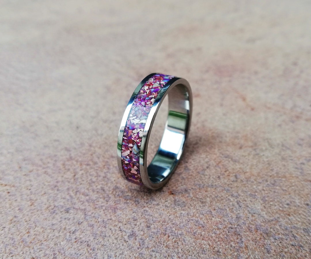 Amethyst Ring, Stainless Steel Ring With Crushed Amethyst Inlay, Purple ...