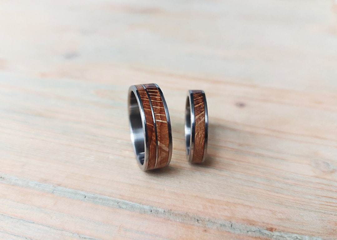 Inlay Set Rings Whiskey Barrel Oak Wood Ring Set, Stainless Steel Rings With Wooden ...