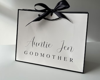 Personalised God Mother/Father Hift Bag: White with Black Trim, Ribbon Tie