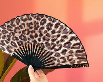 Personalised Leopard Hand Fan: Fabric, Foldable - Party Favor, Wedding, Birthday, Hen Party, Girls Trip