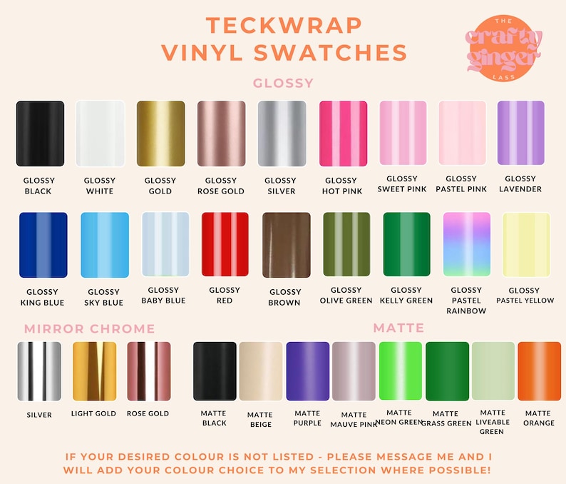 May include: A TeckWrap vinyl swatch chart featuring a grid of glossy, mirror chrome, and matte adhesive vinyl samples in various colors. The text includes 'TECKWRAP VINYL SWATCHES', 'GLOSSY', 'MIRROR CHROME', 'MATTE', and color names for each sample.