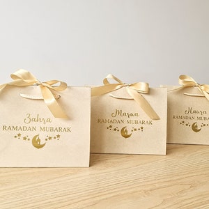 Personnalisé - Lune et étoiles - Eid Mubarak / Joyeux Aïd / Ramadan Mubarak / Sac cadeau du Ramadan avec ruban adhésif en corde - Noir, blanc, kraft, crème