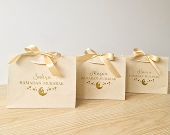 Personalised-Moon & Stars-Eid Mubarak / Happy Eid / Ramadan Mubarak / Ramadan Kareem-Ribbon Tie Rope Gift Bag - Black, White, Kraft, Cream