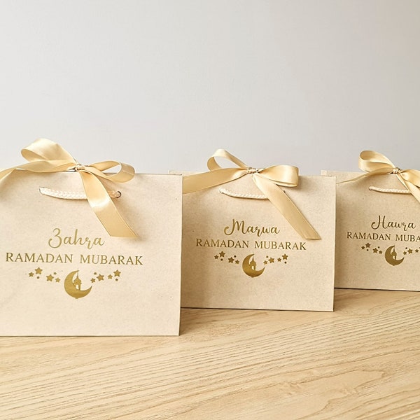 Personalised-Moon & Stars-Eid Mubarak / Happy Eid / Ramadan Mubarak / Ramadan Kareem-Ribbon Tie Rope Gift Bag - Black, White, Kraft, Cream