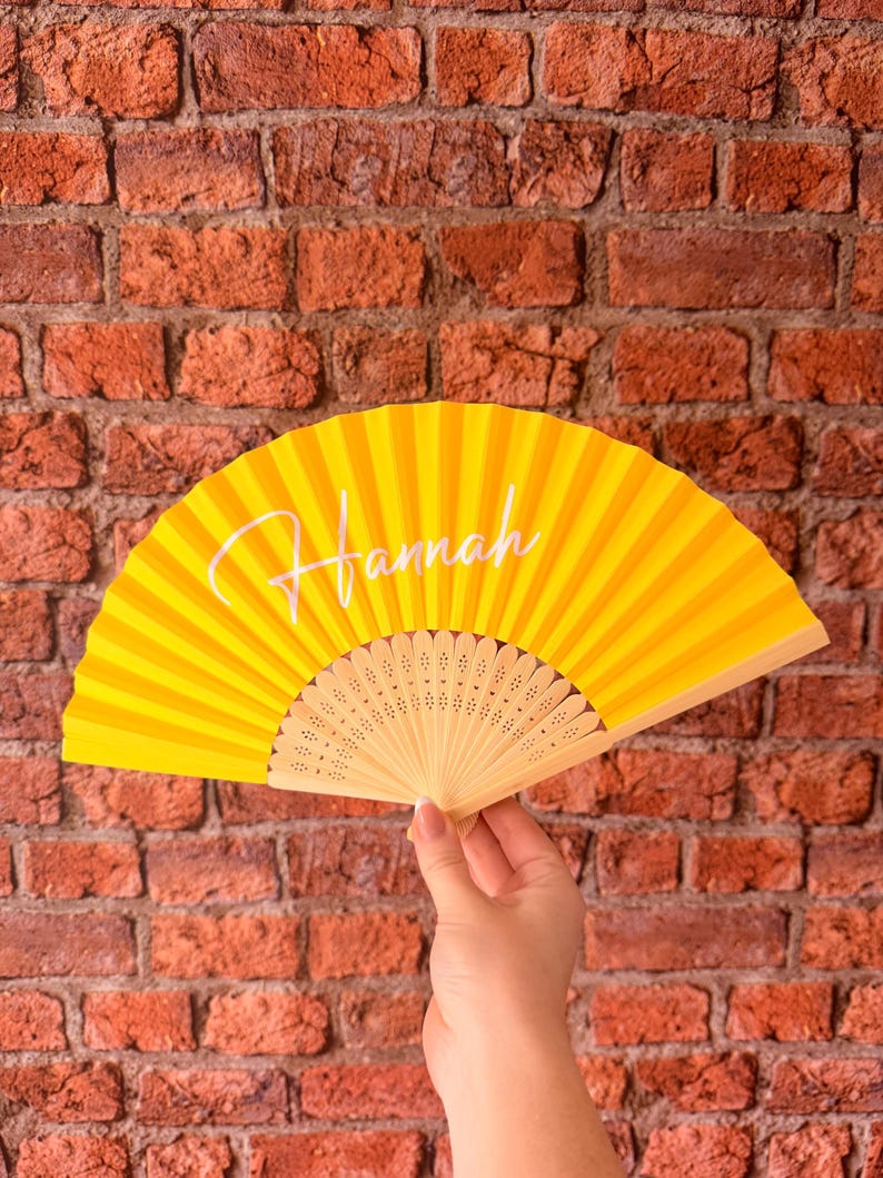 Personalised Paper Hand Fan: Vinyl Name, Party Favor, Wedding, Birthday, Holiday Yellow