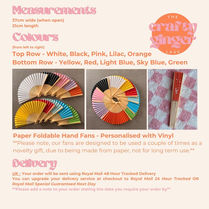 May include: A collection of paper foldable hand fans with wooden handles, measuring 37cm wide when open and 21cm in length. The fans are available in white, black, pink, lilac, orange, yellow, red, light blue, sky blue, and green colors.