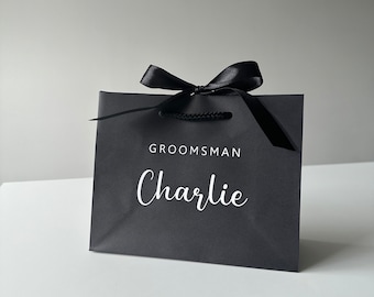 Personalised Wedding Bridesmaid,Maid of Honour,Best Man,Groomsman,Mother/Father Bride/Groom-Ribbon Tie Rope Gift Bag Cream,Black,White,Kraft